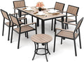 Pamapic 8-Piece Patio Dining Set，Outdoor Aluminum Furniture Set with Plastic-Wood Table Top,Outdoor Furniture Set with 6 Outdoor Stackable Chairs for Patio Garden Poolside，Walnut