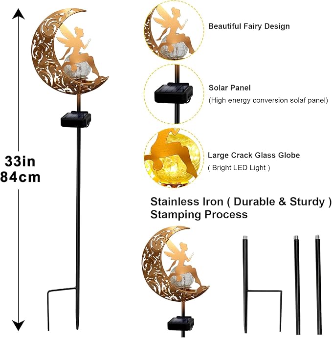 YJFWAL 2 Pack Garden Solar Lights Pathway Stake Lights Moon Fairy Glass Globe with Angel Decor, Gardening Birthday Gift for Mom Grandma Friends, Outdoor Decor Light Waterproof for Walkway, Yard, Patio