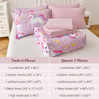 Queen Comforter Set for Girls, 7 Pieces Bed in a Bag with Shams, Sheet Set, Pink Unicorn Double Soft Microfiber Kids Comforter Bedding Set