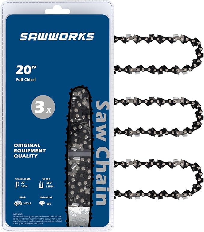 SawWorks 3-Pack 20 Inch Chainsaw Chain, 3/8" Low Profile Pitch .050" Gauge 69 Drive Links Fits EGO AC2005, CS2000, CS2005 and More