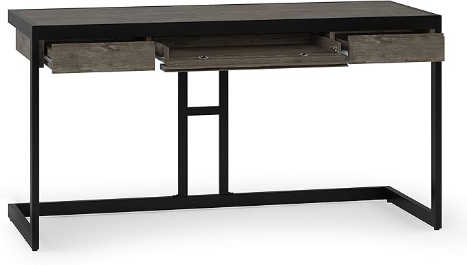 SIMPLIHOME Erina SOLID WOOD and Metal Modern Industrial 60 inch Wide Home Office Desk, Writing Table, Workstation, Study Table Furniture in Farmhouse Grey with 2 Drawers