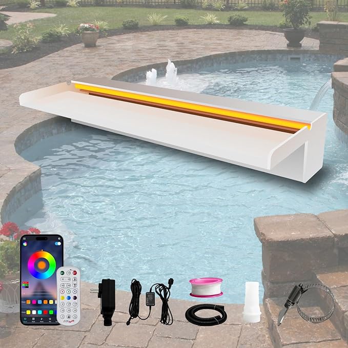 Pond Waterfall Spillway, APP Control Multi-Color LED Light Outdoor Pool Fountain, Acrylic Water Spillway Koi Fountains Kit for Garden Patio Swimming Pool Decoration - 23.6"x7.8"x3.9"
