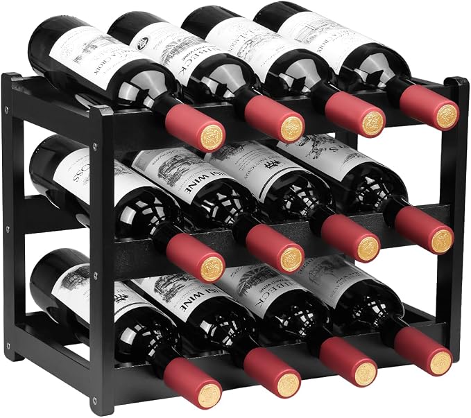 Bamboo Wine Rack, Sturdy and Durable Wine Storage Cabinet Shelf, Wine Racks Countertop for Pantry - 3 Tiers 12 Bottle Wine Rack, Black