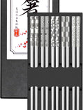 TINMARDA Metal Chopsticks Reusable 18/8 Stainless Steel Chopstick Sleek Engraving Patterns Chop Sticks Reusable Dishwasher Safe Non-Slip Japanese Korean ChopStick 5 Pairs Present Set