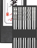 TINMARDA Metal Chopsticks Reusable 18/8 Stainless Steel Chopstick Sleek Engraving Patterns Chop Sticks Reusable Dishwasher Safe Non-Slip Japanese Korean ChopStick 5 Pairs Present Set