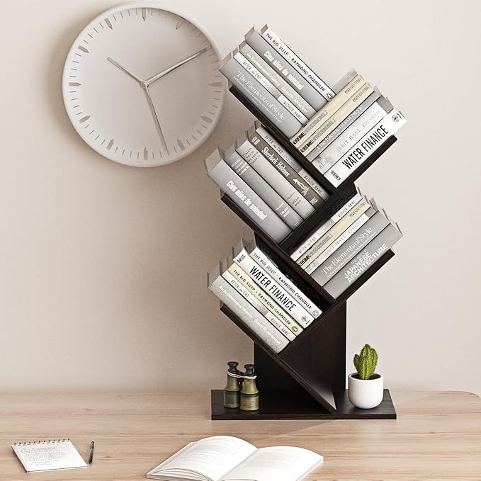 5-Shelf Tree Bookshelf Free Standing Small Book Shelf Narrow Wood Bookcase Floor Standing Book Shelf Modern Book Storage Organizer for Home Office Bedroom Living Room Black