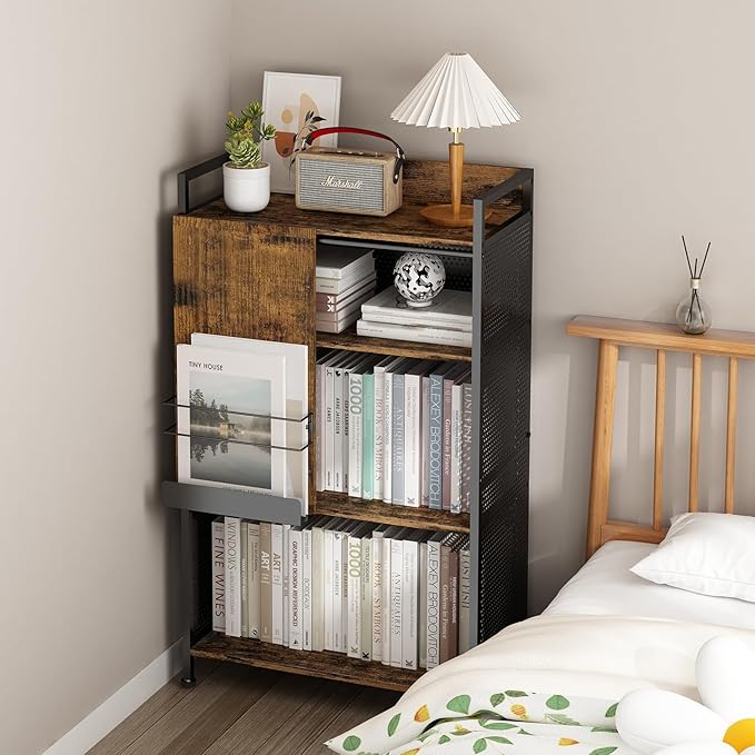4 Tier Large Bookshelf with Storage Cabinet, Metal Industrial Bookcase Storage Organizer with Sliding Door, Open Standing Shelf Unit for Bedroom, Living Room, Home Office, Rustic Brown