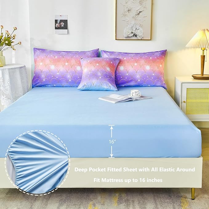 PERFEMET Purple Mermaid Twin Comforter Set for Girls, 6 Pieces Colorful Rainbow Twin Bedding Sets, Tie Dye Ombre Glitter Bed in A Bag Comforter Set with Sheets
