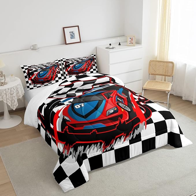 Erosebridal Racing Car Comforter Set, Dirt Bike Down Comforter,Cartoon Race Car Competition Extreme Sports Game Duvet Set for Kids Boys Teens Men, Red Automobile Quilted Duvet Decor 3 Pcs Queen Size
