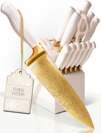 Styled Settings White and Gold Knife Set with Elegant Floral Pattern, 14-PC | Golden Titanium-Coated Stainless Steel Gold Knives with Block, Ultra-Sharp, Durable Kitchen Knife Block Set