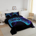 Gamer Comforter Set for Boys Teens Blue and Black Gaming Bedding Set Video Game Bedding Home Decor for Kids Comforter Queen Size 3 Pieces Gamepad Quilted Duvet Set 1 Comforter with 2 Pillowcases