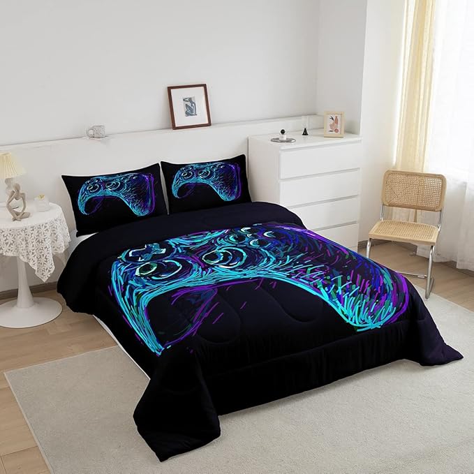 Gamer Comforter Set for Boys Teens Blue and Black Gaming Bedding Set Video Game Bedding Home Decor for Kids Comforter Full Size 3 Pieces Gamepad Quilted Duvet Set 1 Comforter with 2 Pillowcases