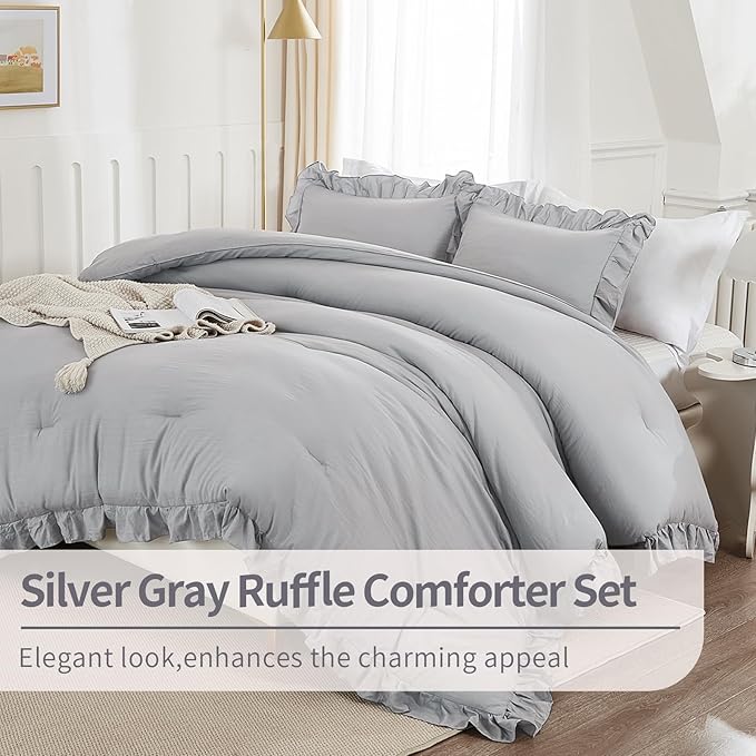 Andency Silver Gray Comforter Set King, 3 Pieces Farmhouse Shabby Chic Ruffle Comforter, Lightweight Fluffy Soft Microfiber All Season Solid Bed Comforter Set (1 Ruffle Comforter & 2 Pillowcases)