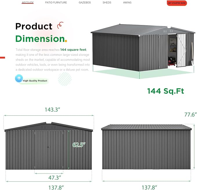 AECOJOY 12' x 12' Outdoor Storage Shed, Dark Grey Large Metal Sheds & Outdoor Storage Clearance Steel Yard Shed with Lockable Doors, Utility and Tool Storage Garden Shed for Backyard