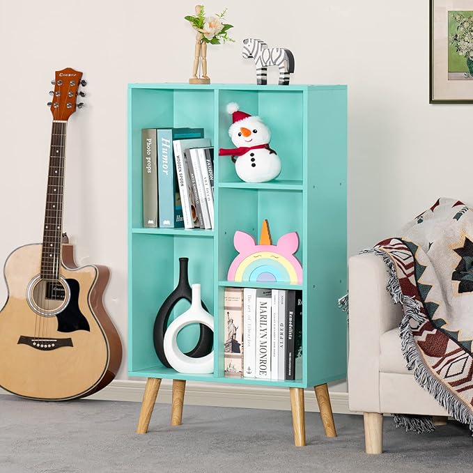 LEYAOYAO 5 Cube Bookshelf 3-Tier Bookcase with Legs,Mint Green Kids Book Shelf Cute Storage Organizer,Free Standing Open Toy Shelves Wood Bookshelves,Display Bookcases for Bedroom,Living Room,Nursery