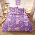 5 Piece Girls Cat Comforter Set Twin Size Bed in A Bag Pink Cute Cartoon Cats Bedding Set for Kids Teens (1 Comforter, 1 Flat Sheet, 1 Fitted Sheet, 2 Pillowcases), Purple Pink