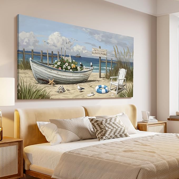 amatop Oversized Coastal Canvas Wall Art – Nautical Seaside Landscape Floral Boat on Sandy Beach Ocean Seabirds Horizontal Decor Large Wildflower Nature Artwork for Living Room Bedroom Office 58×29 Inch