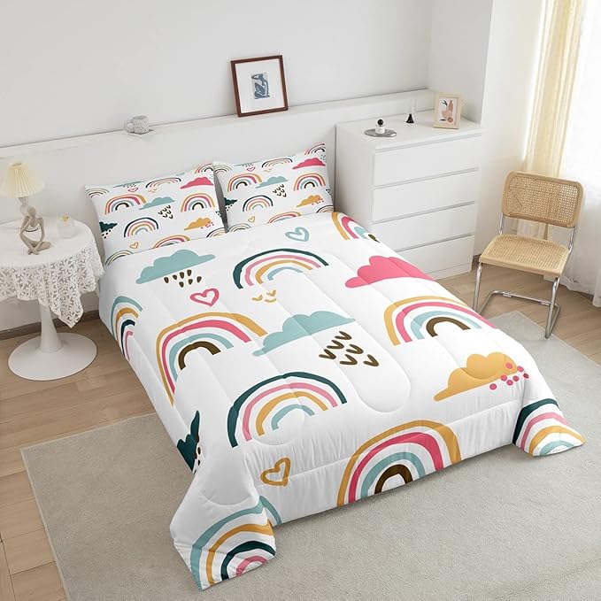 Rainbow Comforter Set Full for Kids Girls Child,Colorful Girly Rainbow Bedding for Girls Bedroom,Cartoon Sun and Star Inner Fill Graffiti Striped Painting Quilt with 2 Pillow Shams Home Room Decor