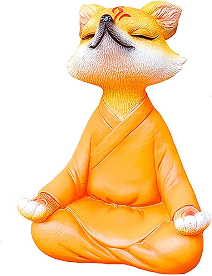 Meditating Buddha Fox Statue Resin Zen Animal Sculpture Yoga Figurine Indoor Outdoor Fengshui Decor for Patio Garden Yard Lawn Tabletop Planter Ponds Pot Bookshelf Ornaments Gifts Orange