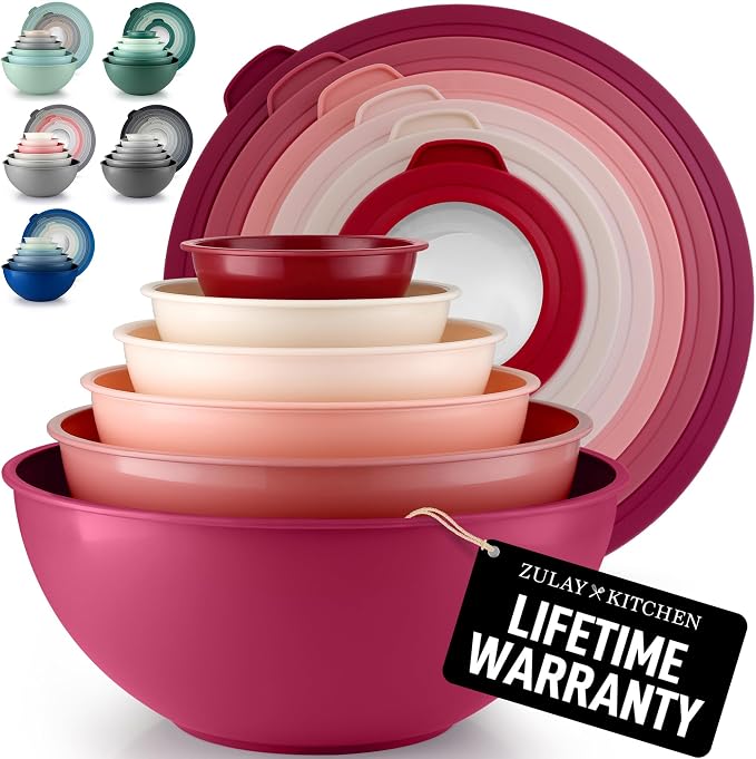 Zulay Kitchen 12 Piece Plastic Mixing Bowls with Lids Set - Leak-Proof Microwave & Freezer Safe Stackable Mixing Bowl Set for Preparing, Serving and Storing - Non-Slip Large Nesting Bowls (Red Ombre)