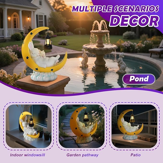 Solar Rabbit Garden Statues, Outdoor Bunny Decor, Resin Rabbit Figurine Lying on the Moon Cuddling a Baby Bunny with LED Lights for Porch Patio Lawn Yard Easter Housewarming Gardening Gifts for Mom