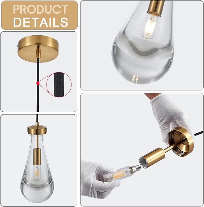 Raindrop Pendant Light, Brass Glass Pendant Lighting, Teardrops Modern Hanging Light for Entryway Foyer Stairway Kitchen Island Bedroom Dining Living Room Hallway