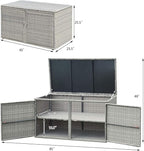 LDAILY Rattan Storage Box, Wicker Storage Box with 2 Shelves, Outdoor Deck Box, Backyard Garden Storage Box with Lid, Rattan Storage Box for Storing Accessories, Tools and Toys - Grey