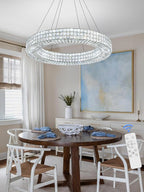 Dia 32" Ring Crystal Chandelier Modern Black Ring Chandelier Adjustable Height Luxury Crystal Pendant Ceiling Light Fixture for Dining Living Room Bedroom