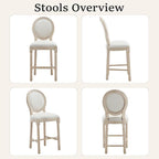 French Country Barstool, Linen Farmhouse Counter Height Chair | Set of 6, with Cushion Round Back and Solid Wood Legs, Oval Chairs for Restaurant, Bar, Kitchen, Café, Beige