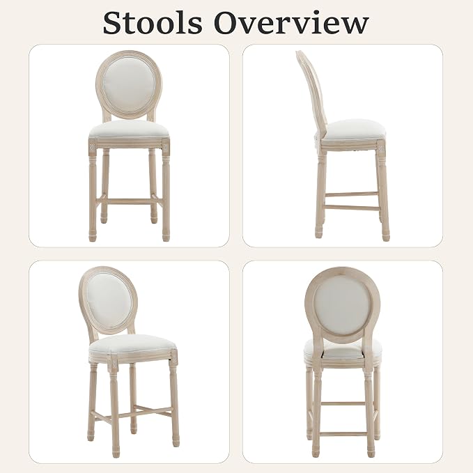 French Country Barstool, Linen Farmhouse Counter Height Chair | Set of 6, with Cushion Round Back and Solid Wood Legs, Oval Chairs for Restaurant, Bar, Kitchen, Café, Beige