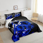Erosebridal Rose Floral Bedding Set Full 3D Blue Rose Wine Glass Comforter Set for Women Men Adult Romantic Valentine's Day Blossom Quilt Set Banquet Flower Duvet Set, Black Gray Down Comforter