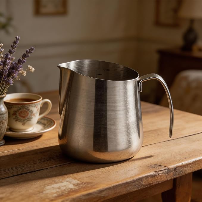 Espresso Milk Pitcher Stainless Steel with Angled Pour Spout, Measurement Marks and Side Handle for Home Coffee Mixing Pour Spout and Grip Handle for Coffee Prep