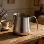 Espresso Milk Pitcher Stainless Steel with Angled Pour Spout, Measurement Marks and Side Handle for Home Coffee Mixing Pour Spout and Grip Handle for Coffee Prep