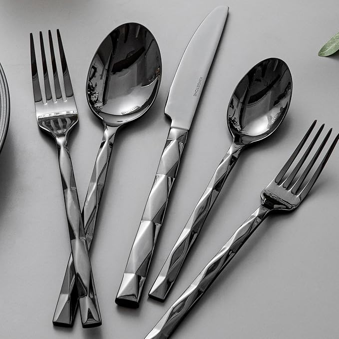 KINGSTONE Black Silverware Set, Luxury 20 Piece Flatware Set for 4, 18/10 Stainless Steel Cutlery Set with Diamond Cut Pattern for Kitchen, Home, Wedding, Party, Mirror Polished and Dishwasher Safe