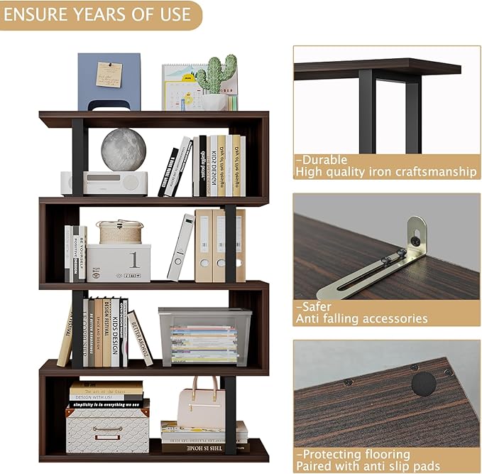 Bookshelf geometric bookcase S Shaped industrial bookshelf Storage Display Stand Shelf for Living Room Bedroom and office Room (Black, 4 Tier)