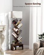 6 Tier Tree Bookshelf with Light, Small Bookcase Tower for Books/CDs/Movies, Sturdy Tall Floor Standing Book Organizer with Storage Cabinet for Living Room, Bedroom and Home Office