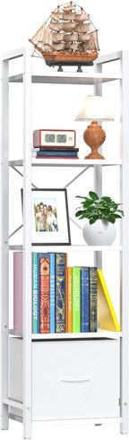 Narrow-Bookshelf-With-Storage-Drawer, 5-Tier Small Standing Book Shelf Organizer For Small Space, Tall Thin Bookcase Shelf For Bedroom Living Room Office, Wooden Shelving Unit Rack For Display