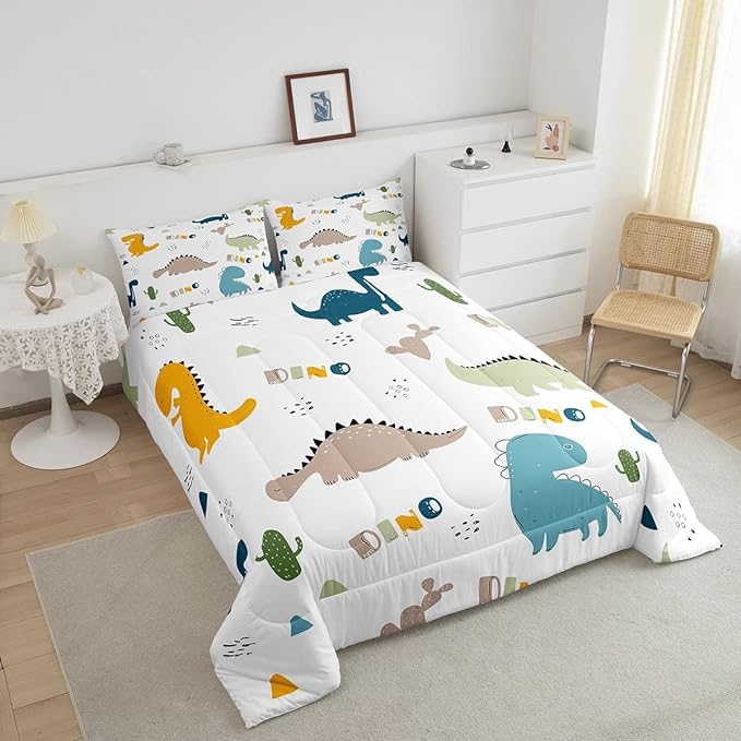 Feelyou Cute Dinosaur Comforter Set Cartoon Cactus Bedding Set Decor Jungle Dino Boho Succulent Comforter Wild Animal Pattern Yellow Grey Duvet Set Bedroom Quilt Set 3Pcs King