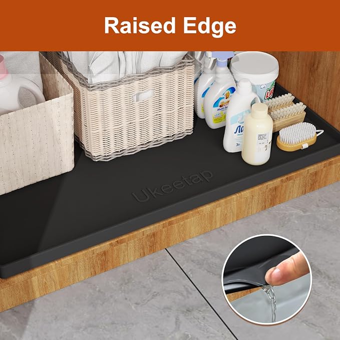 ukeetap 34" x 22" Extra Thick Silicone Mat Waterproof with Raised Edge, Under Sink Mat for Kitchen & Bathroom, Kitchen Cabinet Liner, Multi-Purpose for Storage & Protection, Black
