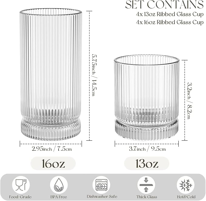 KEMORELA Ribbed Glassware Set of 8—4 Large Capacity Highball Glasses 16oz, 4 Rocks Glass Cups 13oz, Cocktail Glasses, Drinking Glasses Ideal for Beer, Juice, Ice Coffee Cup, Whiskey, Mixed Drinkware