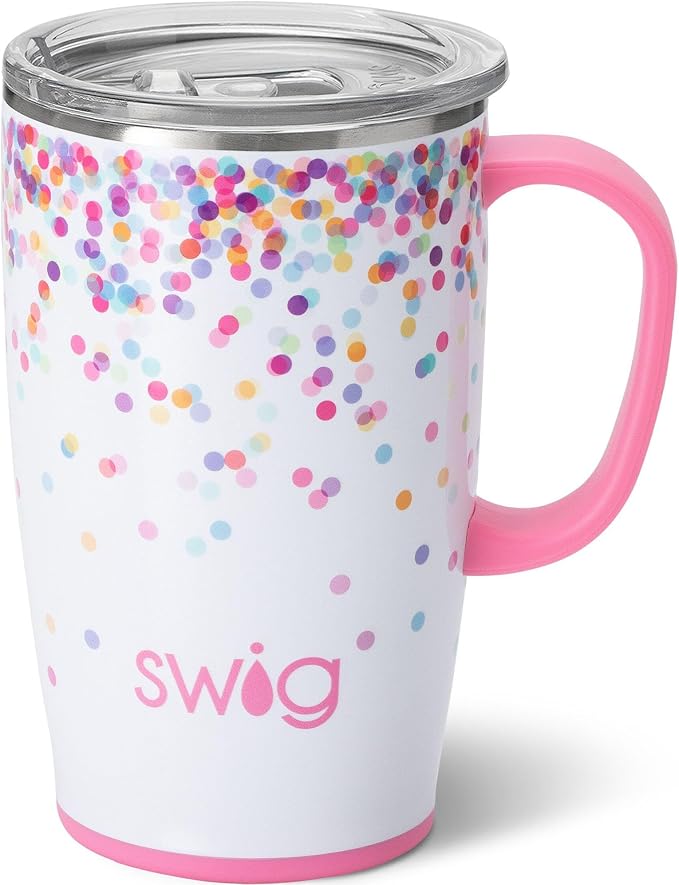 Swig Life 18oz Insulated Travel Mug with Handle & Lid, Confetti | Triple Insulated Stainless Steel - Handle & Lid Included - Keeps Coffee Hot or Cold - Cup Holder Friendly