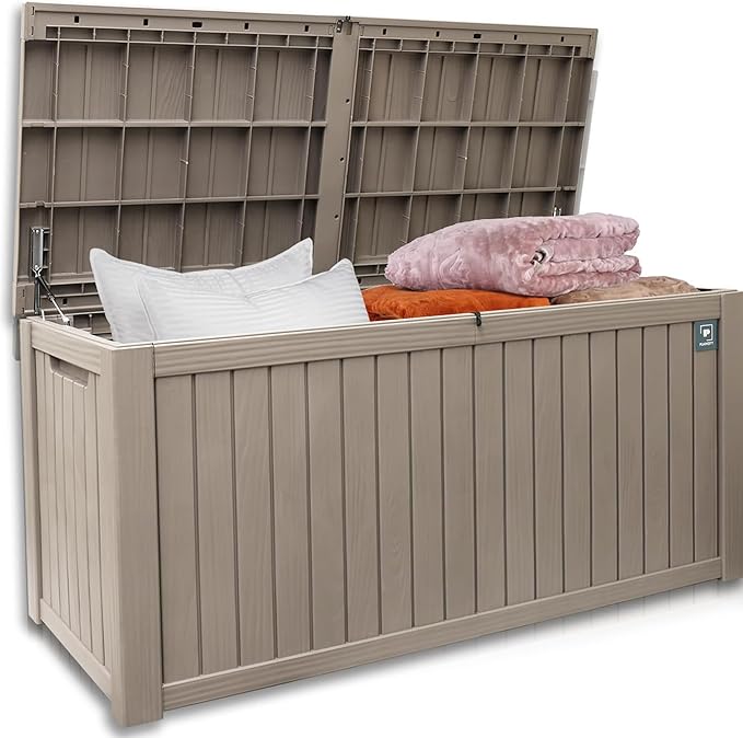 Outdoor Storage Box, 180 Gallon Deck Boxes Outdoor Waterproof, Resin Waterproof Deck Box for Patio Furniture Outdoor Cushions Garden Tools and Pool Storage (Light Brown)