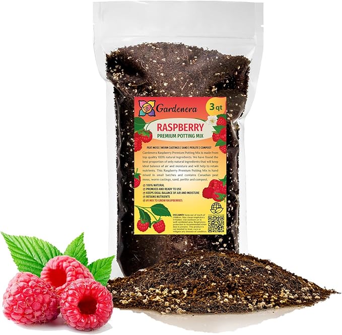 Gardenera Premium Raspberry Potting Soil Mix - Optimal Blend for Thriving and Juicy Berries - 3 Quart