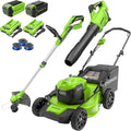 Greenworks 40V 20" Cordless Lawn Mower (Push), Axial Leaf Blower (500 CFM / 120 MPH),12" String Trimmer with 2 Batteries(5Ah+2Ah) and Chargers