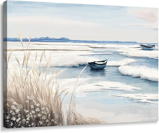 amatop Coastal Wall Art - Nautical Ocean Canvas Print with Light Blue & White Seascape, Boat, Reeds - Beach Picture for Modern Farmhouse, Lake House, Bedroom, Bathroom, Beach-Themed Artwork，16x12
