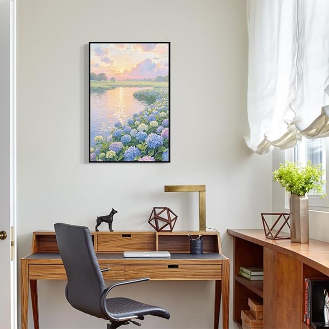 The hydrangea scenery all over the lake at sunset is suitable for posting in the living room bedroom office landscape poster wall painting