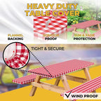 Vinyl Fitted Picnic Table Cover with Bench Covers & Bag 6ft Red Checkered | Vinyl Fitted Picnic Table Cover with Bench Covers and Bag, Outdoor Waterproof Windproof Picnic Tablecloth with Elastic Edges.