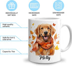 Hyturtle Personalized Fall Dog Maple Leaves Coffee Mug, Fall Autumn Décor | Birthday Gifts For Dog Lovers, Golden Retriever Gift For Farmhouse Thanksgiving Custom Name 11oz White Ceramic Coffee Tea Mug