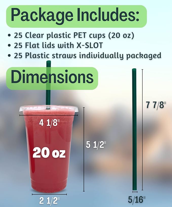 Cappatua 20 oz Clear Plastic Cups with Lids and STRAWS, Disposable Drinking Cups for Cold Drinks, Iced Coffee, Milkshakes, Smoothies, 25 Sets