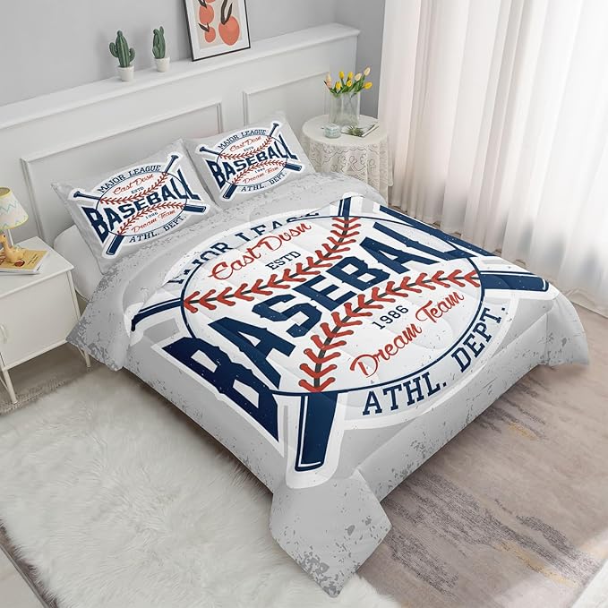 Datura home Baseball Comforter Set Vintage Grey Baseball Printed Quilt Bedding Set with 1 Comforter and 2 Pillowcases for Boys and Girls Bedroom All Season(Baseball Full)